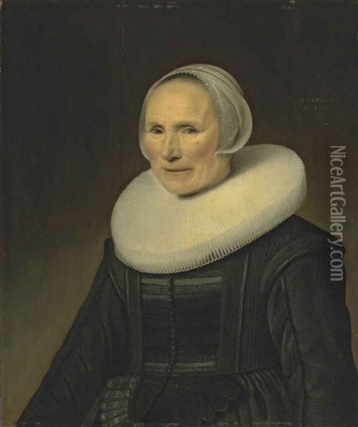 Portrait Of An Old Woman, Half-length, In A Black Dress, A Ruff And A Lace Headdress Oil Painting - Michiel Janszoon van Mierevelt