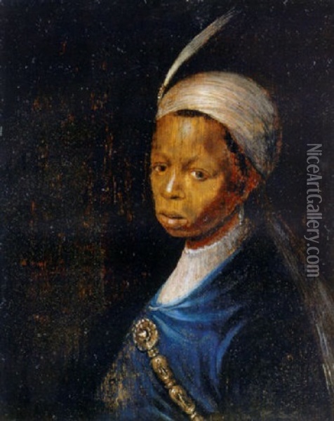 Portrait Of A Black Youth In A Blue Coat And A Feathered Headdress Oil Painting - Gerrit Dou