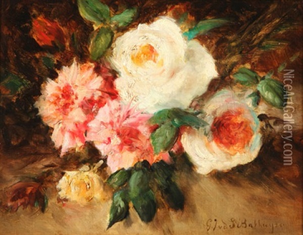 Still Life Of Pink And White Roses Oil Painting - Gerardina Jacoba van de Sande Bakhuyzen