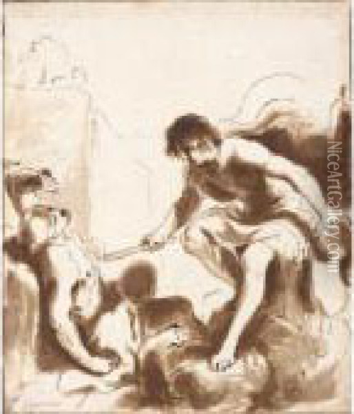 Prometheus Animating With Fire The Clay Figure Of A Recumbent Man Oil Painting - Guercino