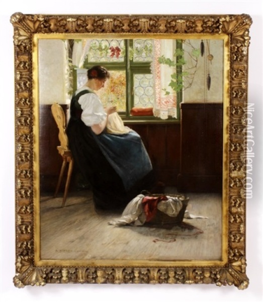 Woman Sewing At Window Oil Painting - Richard Sterer