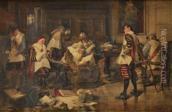 Cavaliers En Armespillant Une Maison Oil Painting - George Ogilvy Reid