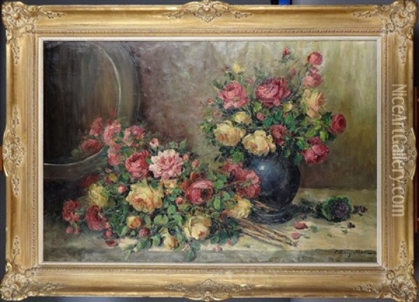 Nature Morte Au Vase Bleu Et Aux Roses Oil Painting - Henri de Fabre