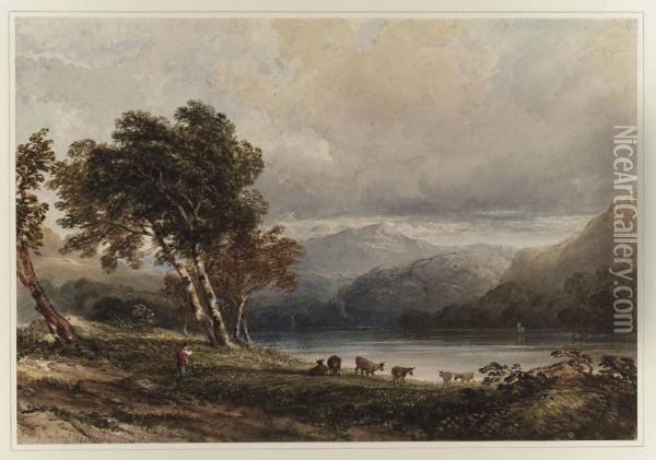 A Cowherd And His Herd Beside A Lake In A Mountainous Landscape Oil Painting - Anthony Vandyke Copley Fielding