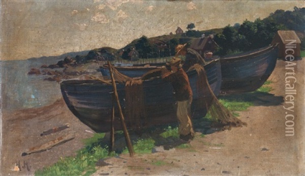 Uferstuck Mit Fischerbooten Am Strand An Einem Sonnentag Oil Painting - Heinrich Hellhoff