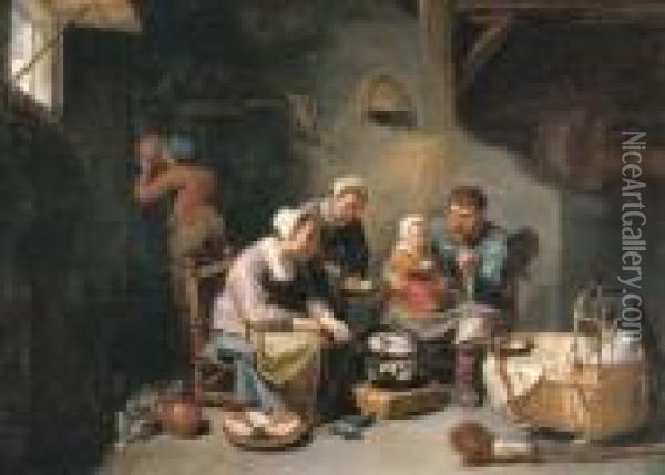 A Peasant Family Frying Fish In An Interior Oil Painting - Willem Van Herp