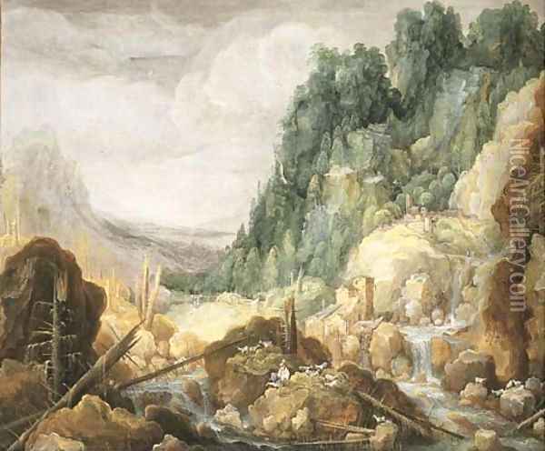 A mountainous river landscape with a goatherder resting on a rock, a watermill and a waterfall beyond Oil Painting - Tobias van Haecht (see Verhaecht)