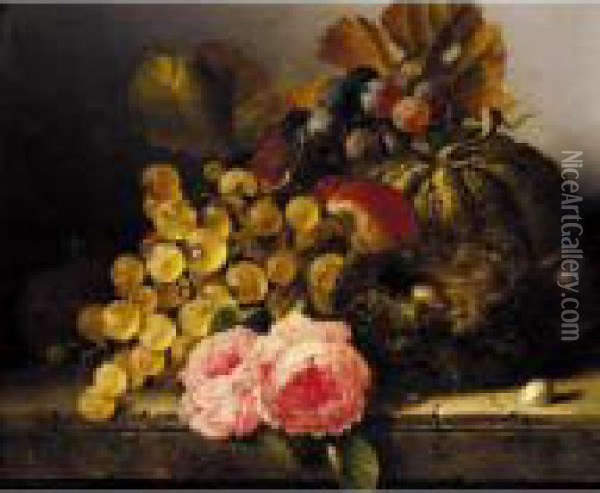 Still Life With A Birds Nest, Roses, A Melon And Grapes Oil Painting - Edward Ladell