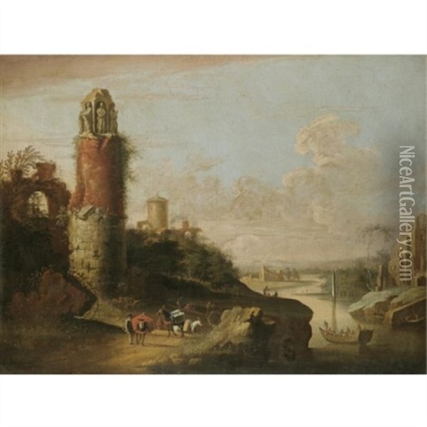 A Mediterranean Coastal Scene Oil Painting - Adriaen Van Der Cabel