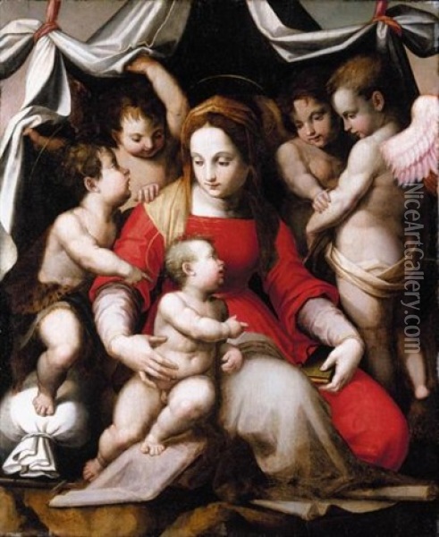 Madonna Of Humility With The Infant St. John The Baptist And Three Angels (the Corsini Madonna) Oil Painting - Andrea Del Sarto