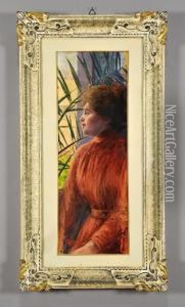 Giovane Donna Con Abito Rosso Oil Painting - Ettore Morteo