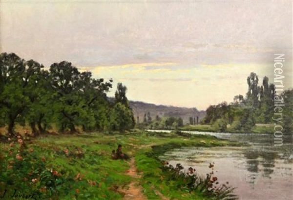 River Landscape With Figures On The Bank Oil Painting - Leon Joubert