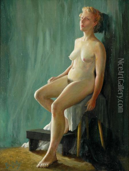 Nude Study Oil On Canvas Signed 'bhall' Lower Left Oil Painting - Bernard Hall