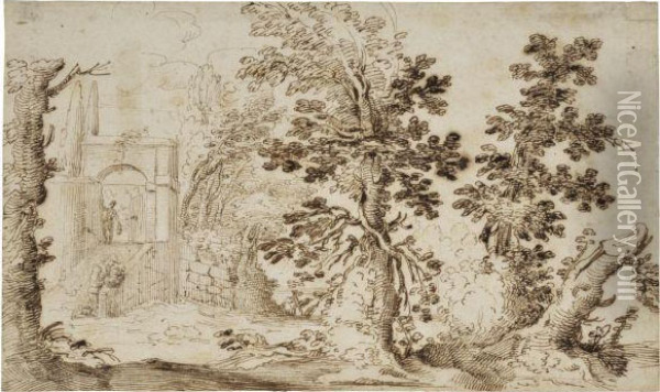 A Wooded Landscape, With Two Figures At A Garden Entrance To Theleft Oil Painting - Remigio Cantagallina