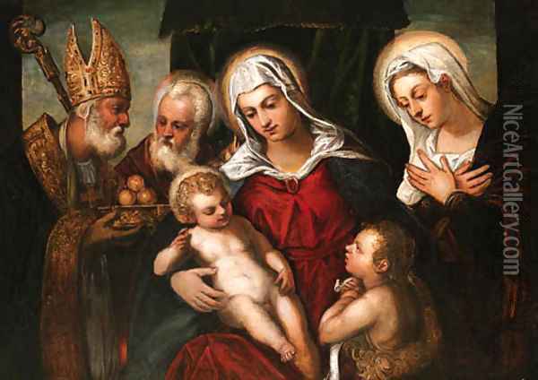 The Holy Family with the Infant Saint John the Baptist and Saints Catherine of Alexandria and Nicholas of Bari Oil Painting - Jacopo Tintoretto (Robusti)