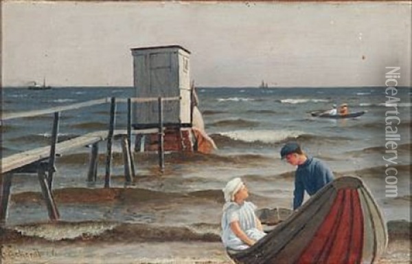 Coastal Scene With A Boy And A Girl On The Way Out To Sea Oil Painting - Christian Frederic Eckardt