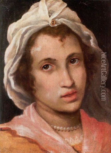 Portrait Of A Lady Wearing A Pink And Orange Dress, A Pearl Necklace And A White Cap Oil Painting - Cristofano Allori