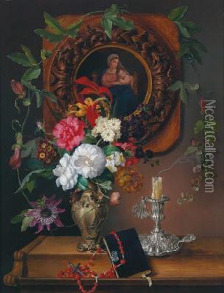 Still Life With Flowers In A Vase And A Portrait Of The Madonna Oil Painting - Leopold I Brunner