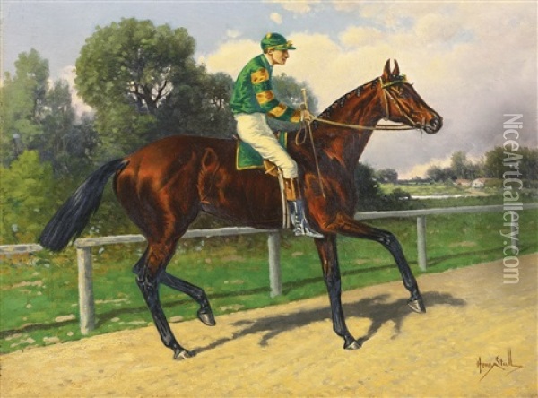 Horse With Jockey In Wilson Silks Oil Painting - Henry Stull