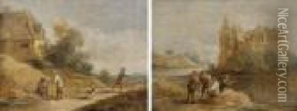 Promeneurs A L'entree D'un Village Oil Painting - David The Younger Teniers