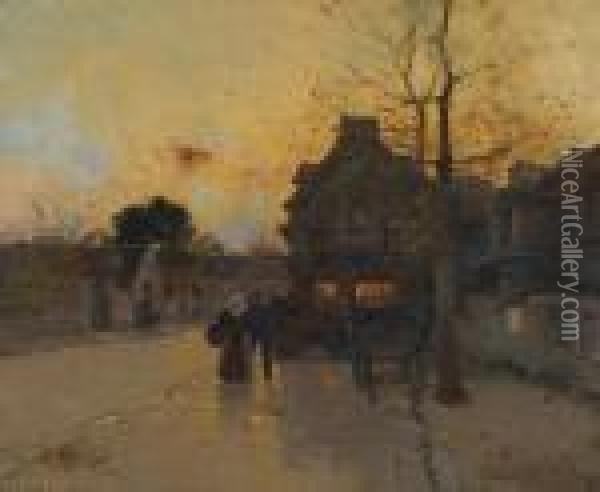 Village, Un Soir D'automne Oil Painting - Eugene Galien-Laloue