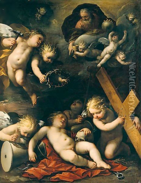 The Sleeping Christ Child, God The Father, And Putti With The Instruments Of The Passion Oil Painting - Carlo Francesco Nuvolone