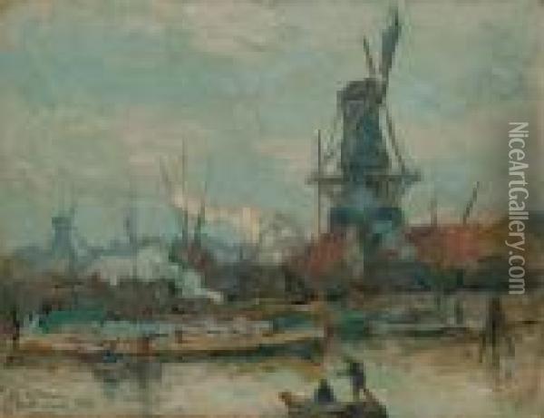 Les Anciens Moulins Du Port De Rotterdam, Un Jour De Grandvent Oil Painting - Albert Lebourg