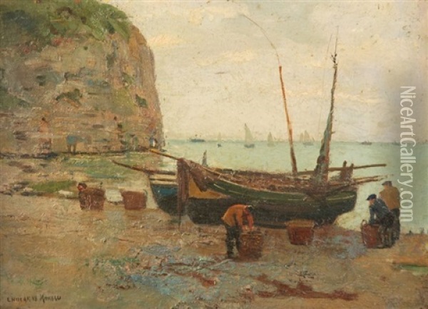 Pecheurs Au Bord De La Falaise D'yport Oil Painting - Paul-Charles Chocarne-Moreau