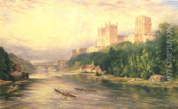 A British Cathedral Overlooking A River Oil Painting - John Henry Hill