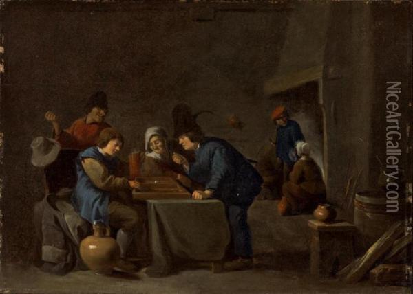 Peasants Playing Backgammon In A Tavern Oil Painting - David The Younger Teniers