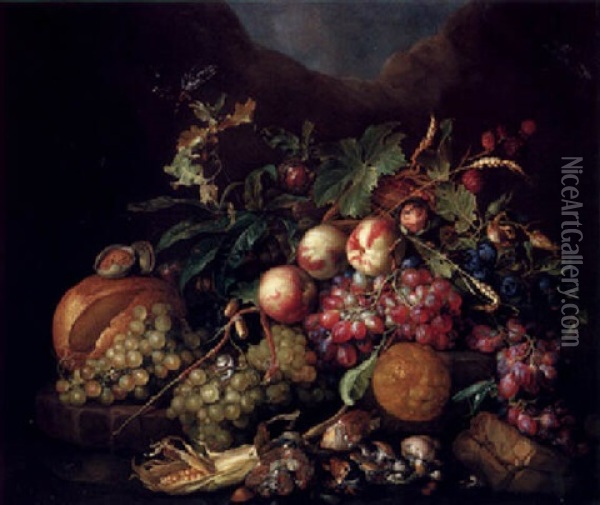 A Still Life Of Fruit On A Ledge Oil Painting - Cornelis De Heem
