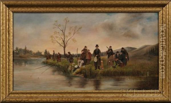 Fishing Match On The River Bank Oil Painting - Denby W. Sadler