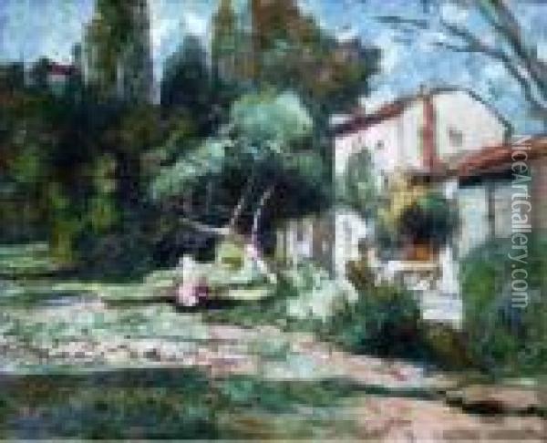 Mere Et Enfant Dans Un Jardin, Vers 1932. Oil Painting - Victor Charreton
