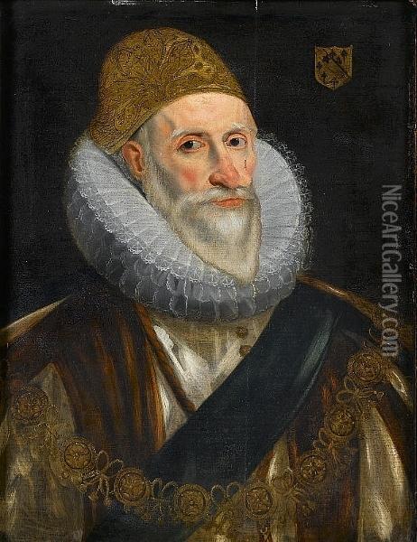 Portrait Of Charles Howard, 
First Earl Of Nottingham, Bust-length, Wearing The Collar Of The Order 
Of The Garter Oil Painting - Daniel Mytens