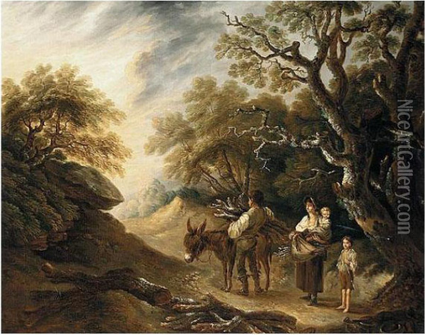 A Wood Gatherer And His Family Loading A Donkey In An Extensive Landscape Oil Painting - Thomas Barker of Bath