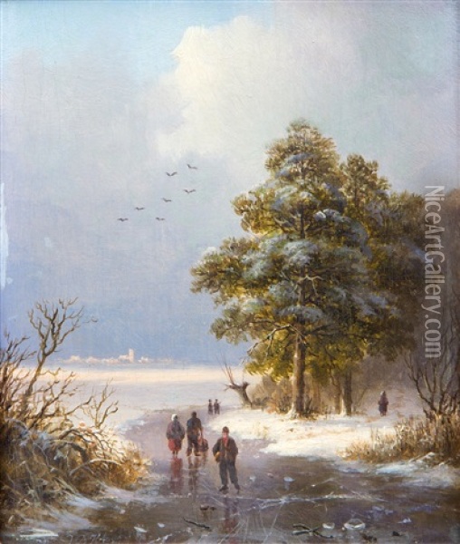 A View Of A Rhine Landscape In Summer; Ice Skaters On A Frozen River Oil Painting - Johann Bernard Klombeck