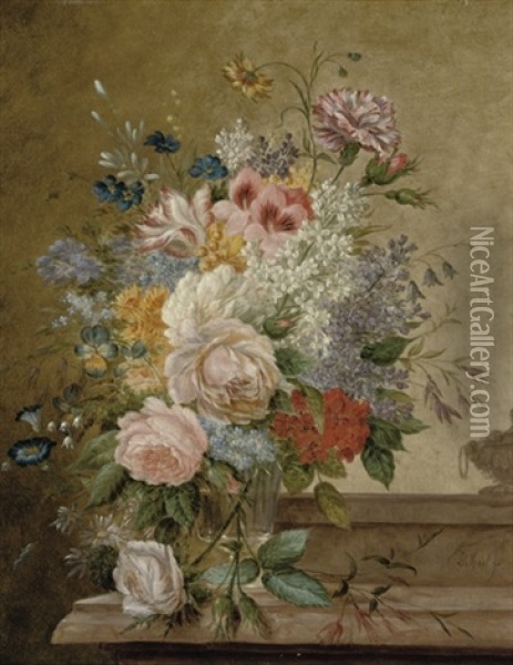 A Bouquet Of Flowers In A Glass Vase On A Ledge Oil Painting - Jan Evert Morel the Younger