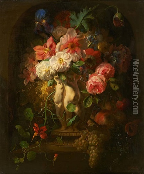 Sculpture Aux Amours Garnie De Fleurs Et De Fruits Oil Painting - Jean-Baptiste Robie