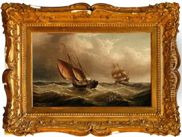 Marine With Sailing Ships In Heavy Sea Oil Painting - Henry Moore