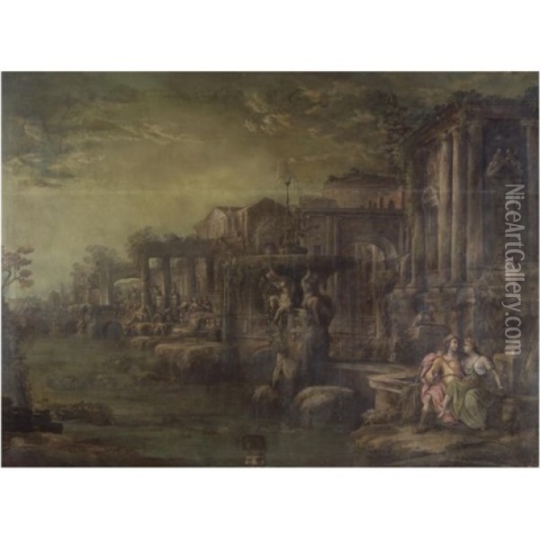 Capriccio Architettonico Con Figure E Una Fontana Oil Painting - Pietro Paltronieri