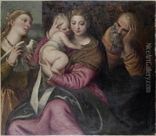 The Holy Family With A Female Martyrsaint Oil Painting - Benedetto Caliari