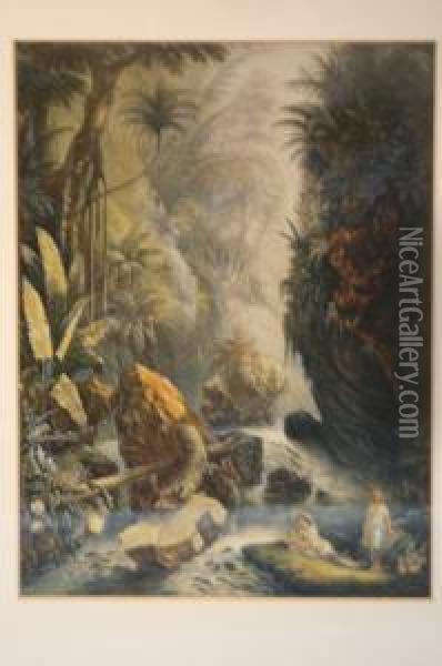 Classical Figures By A Waterfall In A Jungle Oil Painting - George Baxter