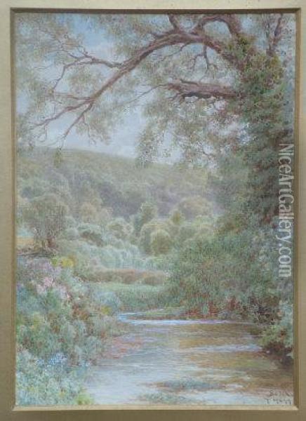 The River Mole At The Bottom Of Box Hill And The Old Water Wheel On The River, 
Near Leatherhead Oil Painting - Thomas Hunt