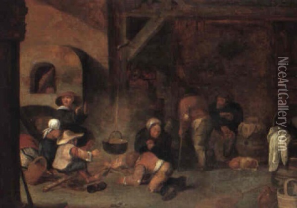 The Interior Of A Barn With Peasants Warming Themselves Oil Painting - Pieter de Bloot