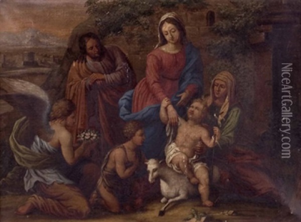Hl. Familie Mit Elisabeth, Johannes Und Einem Engel Oil Painting - Johann Entfelder