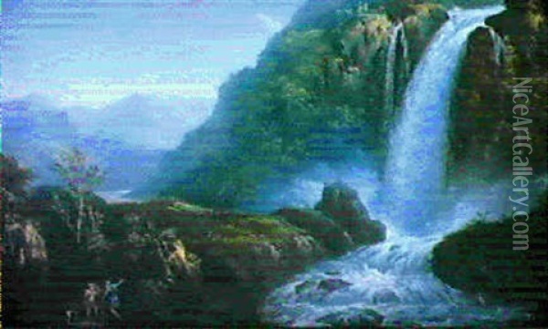 Figures By A Waterfall, Possibly At Powerscourt Oil Painting - Robert Carver