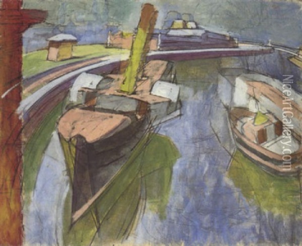 Hafen Mit Dampfer Ii (ostender Vorhafen; Ostender Postdampfer) Oil Painting - Anton Kerschbaumer