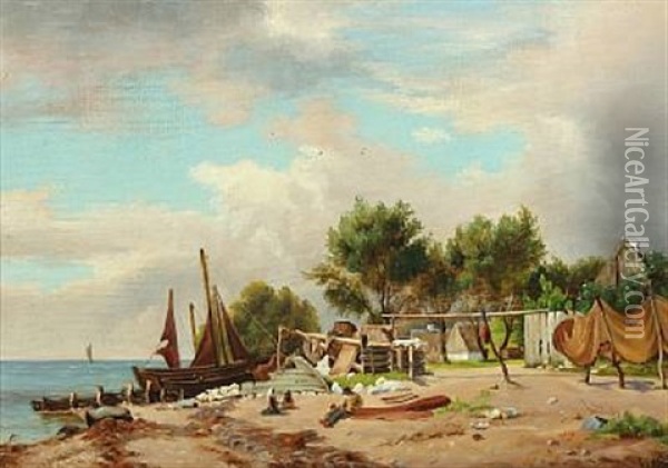 Scenery From Fishing Village Oil Painting - Viggo Fauerholdt