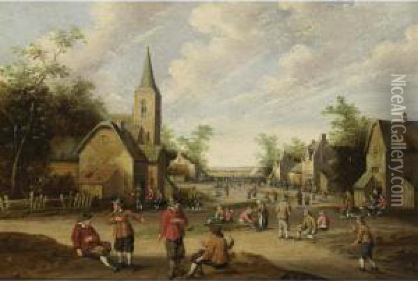 A Village Scene With Figures Conversing Oil Painting - Cornelius Droochsloot