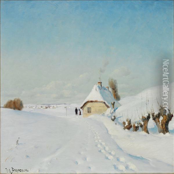 Quiet Winter Day With A Cottage In The Snow Oil Painting - Hans Anderson Brendekilde
